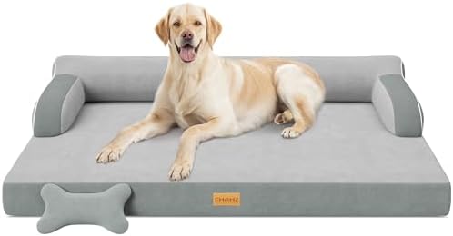 XL Plus Orthopedic Dog Bed, Big Dog Bed for Large Sized Dogs, Dual-Sided Pet Cooling Beds with Memory Foam Washable Cover Nonslip Bottom, Waterproof Pet Couch with Bolster, Light Grey