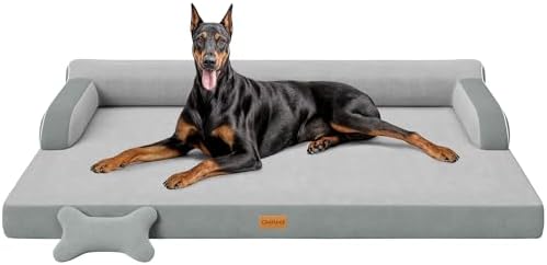 XXL Orthopedic Dog Bed, Big Dog Bed for Large Dogs, Dual-Sided Pet Cooling Beds with Memory Foam Washable Cover Nonslip Bottom, Waterproof Pet Couch with Bolsters, Light Grey
