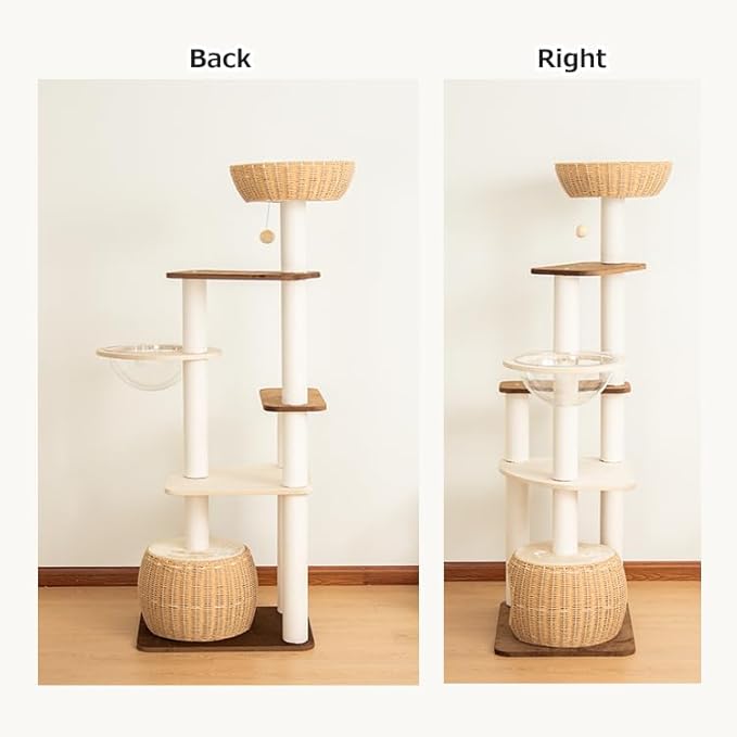 Modern Cat Tree for Large Cat, 57-Inch Tall Cat Tower with Scratching Post for Indoor Cats, Multi-Level Cat Condo with Hand-Woven Cat Bed and Acrylic Bowl (White 81007DD)