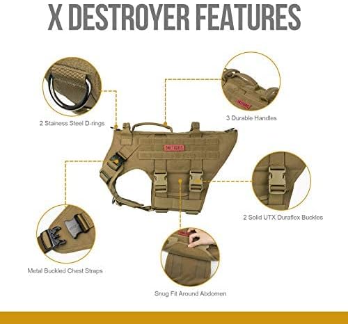 OneTigris Large Tactical Dog Harness, No Pulling Adjustable Dog Vest Harness, Heavy Duty Dog Harness with Handle, Large Hook and Loop Panels for Patch Brown