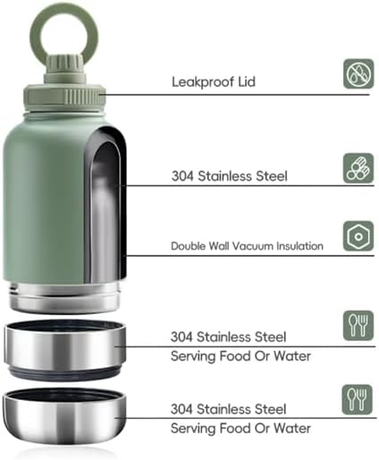 OSC Insulated Water Bottle with Detachable Travel Bowls for Pets & Humans - Leak-Proof 32oz Water Bottle for Dog Walking, Hiking, Camping, Gym & Outdoor Adventures (Moss, 32oz)