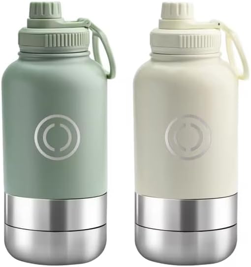 OSC Insulated Water Bottle with Detachable Travel Bowls for Pets & Humans - Leak-Proof 32oz Water Bottle for Dog Walking, Hiking, Camping, Gym & Outdoor Adventures (Moss, 32oz)