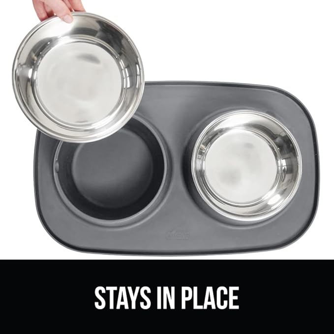 GORILLA GRIP Feeding Mat Set, Patent Pending 100% Waterproof BPA Free Silicone, Stainless Steel Cat and Dog Bowls, Slip Resistant, High Edges Catch Water Food, US Designed Pet Accessories, 2 Cup Gray