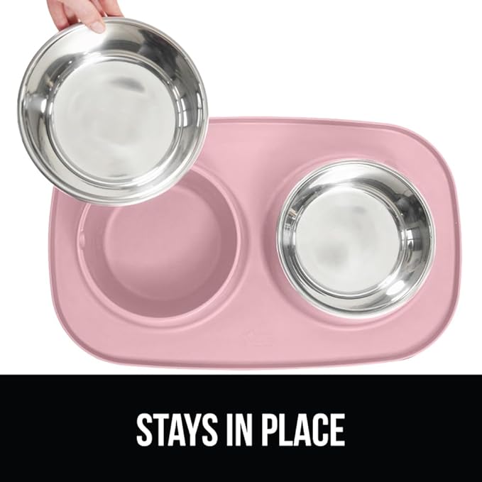 GORILLA GRIP Feeding Mat Set, Patent Pending 100% Waterproof BPA Free Silicone, Stainless Steel Cat and Dog Bowls, Slip Resistant, High Edges Catch Water, Food, US Designed Pet Accessories, 1 Cup Pink