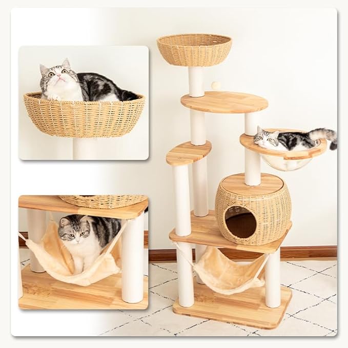 Wood Cat Tree for Large Cat, 57-Inch Tall Cat Tower with Scratching Post for Indoor Cats, Multi-Level Cat Condo with Hand-Woven Cat Bed and Hammock Acrylic Bowl Easy to Clean (DC888)