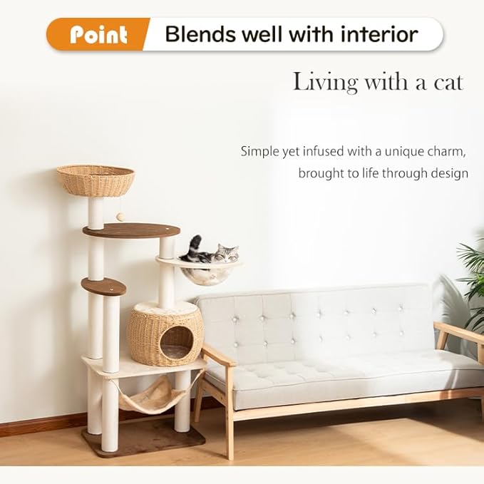 Modern Cat Tree for Large Cat, 56.7-Inch Tall Cat Tower with Scratching Post for Indoor Cats, Multi-Level Cat Condo with Hand-Woven Cat Bed and Hammock Acrylic Bowl (Particleboard 56.7in)