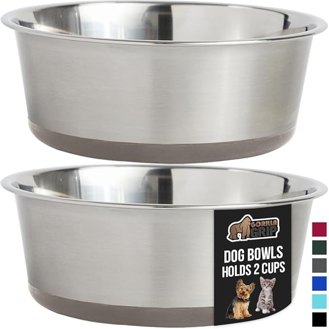 GORILLA GRIP Set of 2 Dog Bowls, Heavy Duty Metal Food and Water Bowl for Feeding Dogs and Cats, Dishwasher Safe, Rust Resistant Stainless Steel, BPA Free Rubber Base, Holds 2 Cups (16 fl oz), Beige