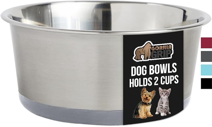 GORILLA GRIP Stainless Steel Metal Dog Bowl, Rubber Base, Heavy Duty Feeding Dish, Food Grade BPA Free, Less Sliding on Floors, Quiet Pet Bowl for Cats and Dogs, Holds 2 Cups (16 fl oz), Gray