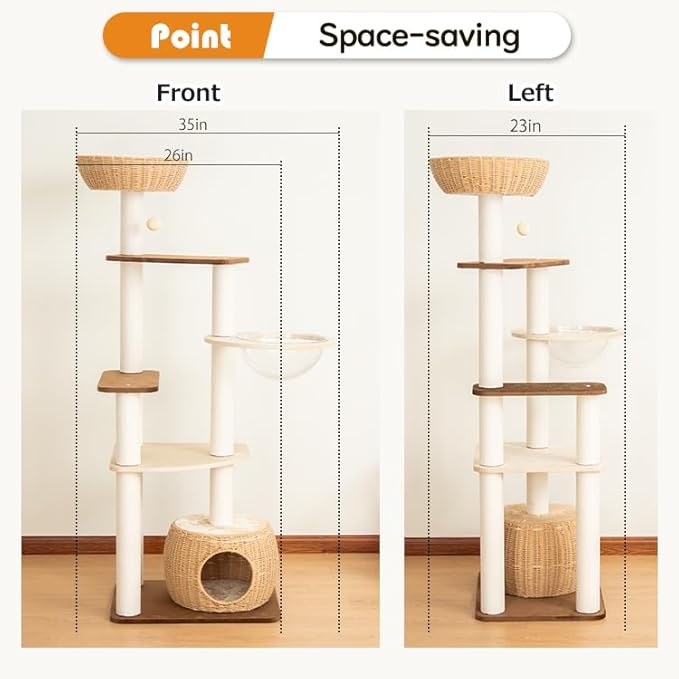 Modern Cat Tree for Large Cat, 57-Inch Tall Cat Tower with Scratching Post for Indoor Cats, Multi-Level Cat Condo with Hand-Woven Cat Bed and Acrylic Bowl (White 81007DD)