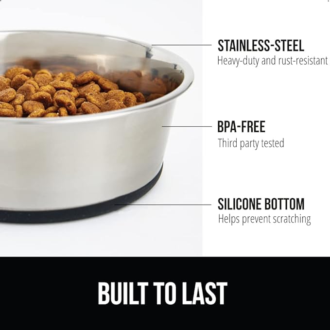 GORILLA GRIP Set of 2 Dog Bowls, Holds 8 Cups (64 fl oz), Heavy Duty Metal Food and Water Bowl for Feeding Dogs and Cats, Dishwasher Safe, Rust Resistant Stainless Steel, BPA Free Rubber Base, Black