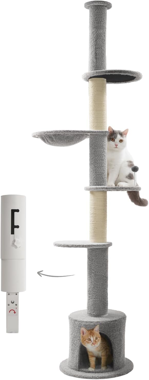 Made4Pets Floor to Ceiling Cat Tree 93-106'',Tall Cat Tower 5 Tiers,Adjustable Height, Stable Cat Tree Tower with Scratching Posts, Fluffy Condo, Hammock and Ball Toy for Indoor Cats/Kitten, Gray