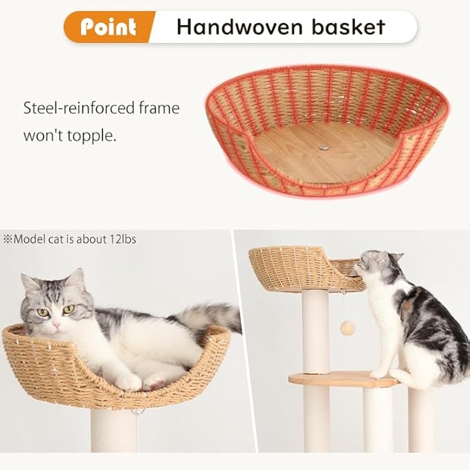 Wood Cat Tree for Large Cat, 63-Inch Tall Cat Tower with Scratching Post for Indoor Cats, Multi-Level Cat Condo with Hand-Woven Cat Bed and Acrylic Bowl Easy to Clean (White-63'')