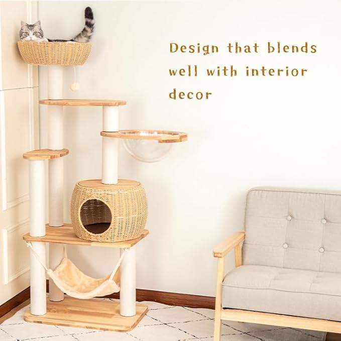 Wood Cat Tree for Large Cat, 57-Inch Tall Cat Tower with Scratching Post for Indoor Cats, Multi-Level Cat Condo with Hand-Woven Cat Bed and Hammock Acrylic Bowl Easy to Clean (DC888)