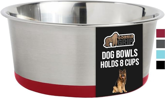 GORILLA GRIP Stainless Steel Metal Dog Bowl, Rubber Base, Heavy Duty Feeding Dish, Food Grade BPA Free, Less Sliding on Floors, Quiet Pet Bowl for Cats and Dogs, Holds 8 Cups (64 fl oz), Red