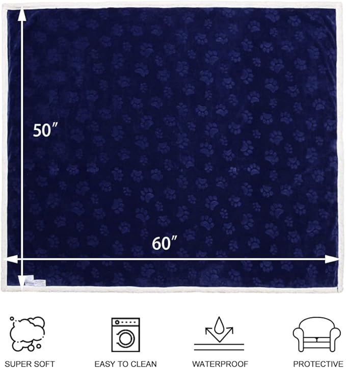 Qeils Waterproof Blanket for Bed Intimacy, Dog Blankets for Large Dogs, Waterproof Cat Blanket Washable, Soft Sherpa Fleece Puppy Blanket, Reversible Throw Protector for Couch Car, 50"X60", Navy Blue