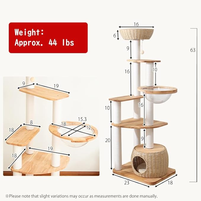 Wood Cat Tree for Large Cat, 63-Inch Tall Cat Tower with Scratching Post for Indoor Cats, Multi-Level Cat Condo with Hand-Woven Cat Bed and Acrylic Bowl Easy to Clean (White 81007s)