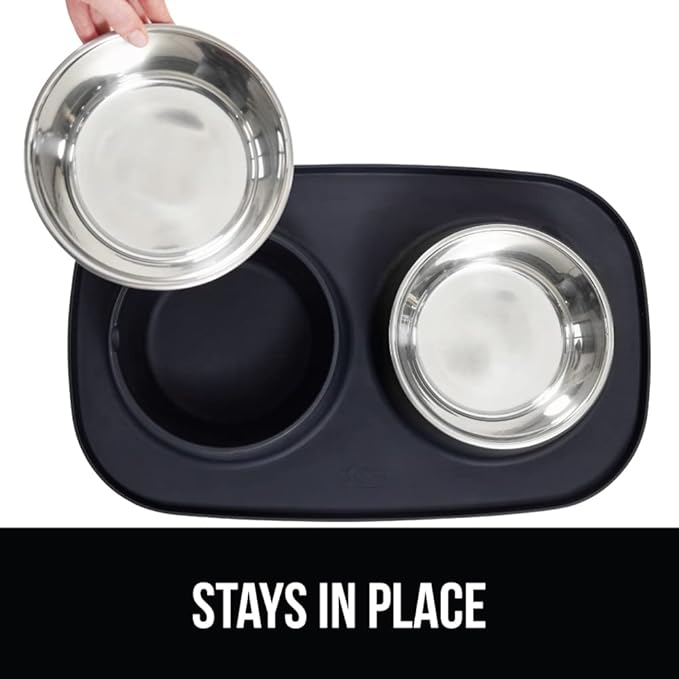 GORILLA GRIP Feeding Mat Set, Patent Pending 100% Waterproof BPA Free Silicone, Stainless Steel Cat and Dog Bowls, Slip Resistant, High Edges Catch Water Food, US Designed Pet Accessories, 1 Cup Black