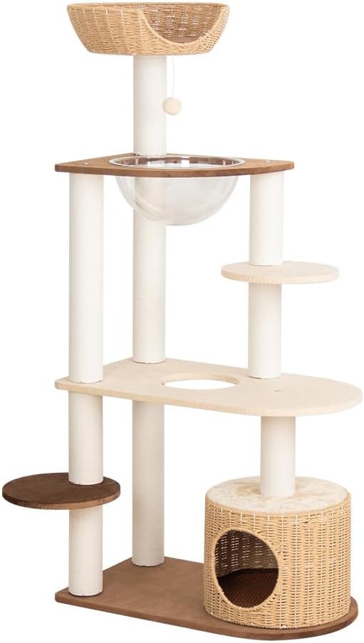 Modern Cat Tree for Large Cat, 56-Inch Tall Cat Tower with Scratching Post for Indoor Cats, Multi-Level Cat Condo with Hand-Woven Cat Bed and Acrylic Bowl Easy to Clean (Mixcolor 142cm)