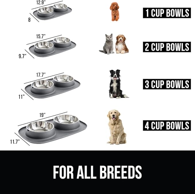 GORILLA GRIP Feeding Mat Set, Patent Pending 100% Waterproof BPA Free Silicone, Stainless Steel Cat and Dog Bowls, Slip Resistant, High Edges Catch Water Food, US Designed Pet Accessories, 2 Cup Gray