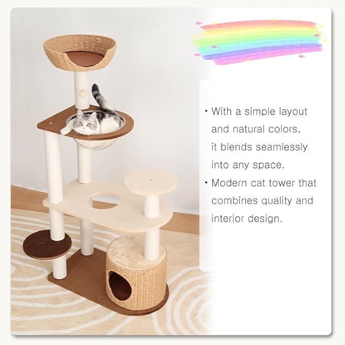 Modern Cat Tree for Large Cat, 53-Inch Tall Cat Tower with Scratching Post for Indoor Cats, Multi-Level Cat Condo with Hand-Woven Cat Bed and Acrylic Bowl Easy to Clean (Mixcolor 132cm)