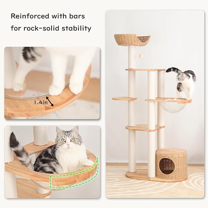 Wood Cat Tree for Large Cat, 63-Inch Tall Cat Tower with Scratching Post for Indoor Cats, Multi-Level Cat Condo with Hand-Woven Cat Bed and Acrylic Bowl Easy to Clean (White-63'')