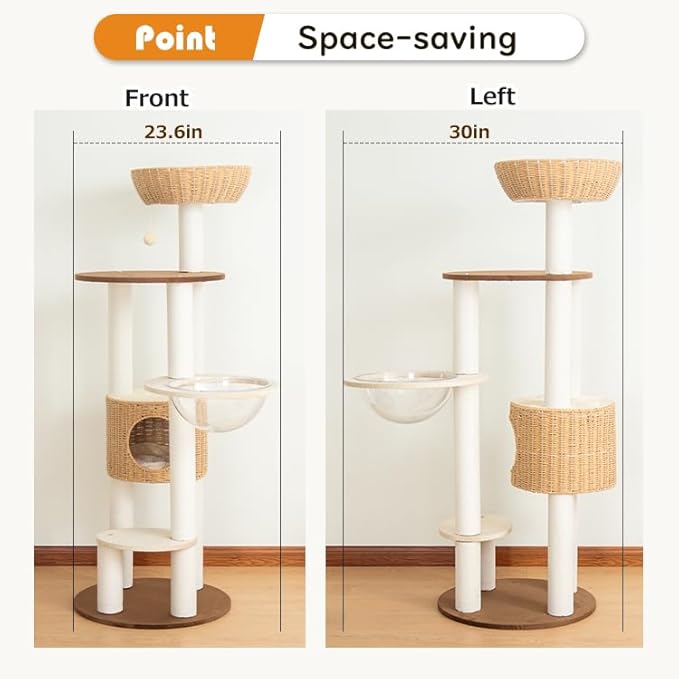 Modern Cat Tree for Large Cat, 57-Inch Tall Cat Tower with Scratching Post for Indoor Cats, Multi-Level Cat Condo with Hand-Woven Cat Bed and Acrylic Bowl Easy to Clean (Y909)
