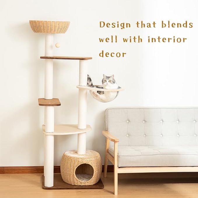 Modern Cat Tree for Large Cat, 57-Inch Tall Cat Tower with Scratching Post for Indoor Cats, Multi-Level Cat Condo with Hand-Woven Cat Bed and Acrylic Bowl (White 81007DD)