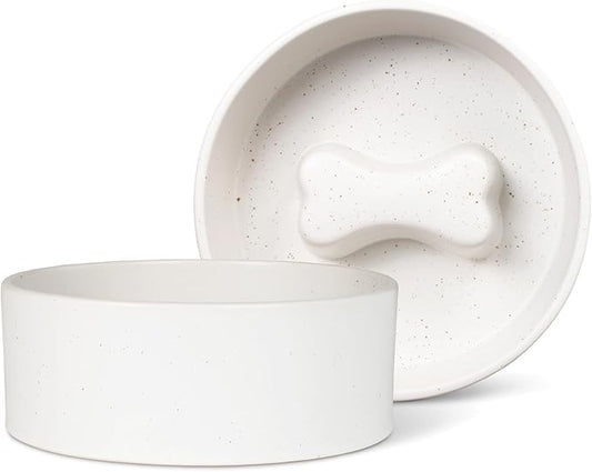 Fringe Studio Speckled Bone Bone Medium Ceramic Slow Feeder Pet Bowl (6.5" Diameter x 2.5" H, 30 fl.oz.), PetShop Collection (780MD001)