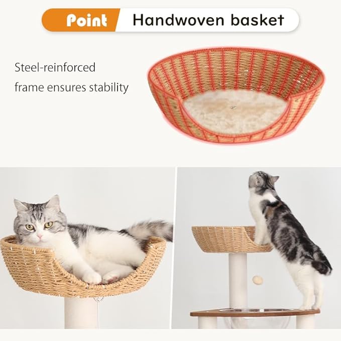 Modern Cat Tree for Large Cat, 56-Inch Tall Cat Tower with Scratching Post for Indoor Cats, Multi-Level Cat Condo with Hand-Woven Cat Bed and Acrylic Bowl Easy to Clean (Mixcolor 142cm)