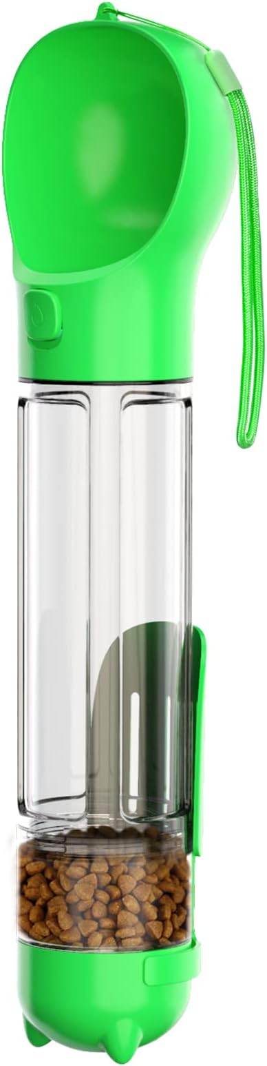 Portable Dog Bottle with Food Container,Leakproof,Poop Waste Bags Inside and Trash Shovel Design,Pet Travel Water Bowl,Essential Necessities for Dog Walking and Hiking Outdoor,Green(16.9OZ)