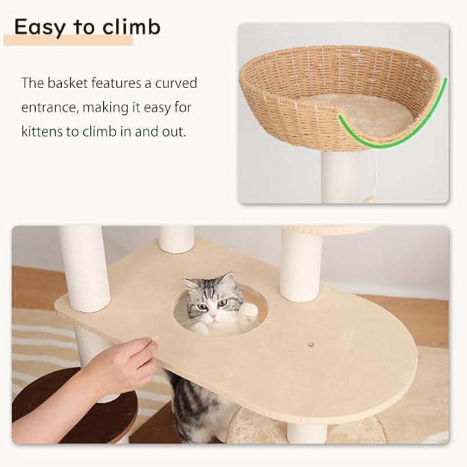 Modern Cat Tree for Large Cat, 56-Inch Tall Cat Tower with Scratching Post for Indoor Cats, Multi-Level Cat Condo with Hand-Woven Cat Bed and Acrylic Bowl Easy to Clean (Mixcolor 142cm)