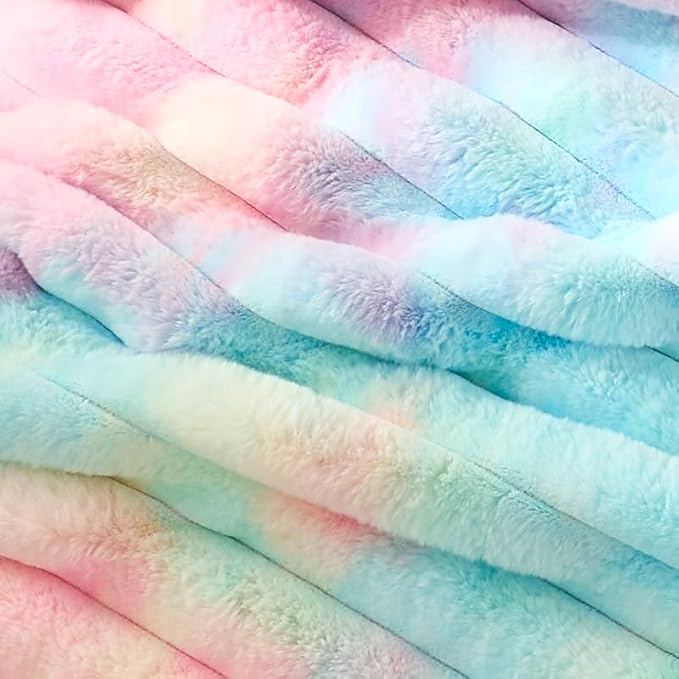 Cozy Bliss Faux Fur Throw Blanket for Couch, Cozy Warm Plush Striped Blanket for Sofa Bedroom Living Room, 50 * 60 Inches Tie-dye Rainbow