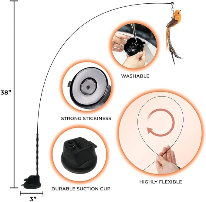 Whiskertons Interactive Bird Simulation Cat Toy Set, Interactive Cat Toys for Indoor Cats, Cat Feather Toy, Self-Holding Suction Base, 5 Replacement Birds, Feathers & Bells (Standard Hybrid Bundle)