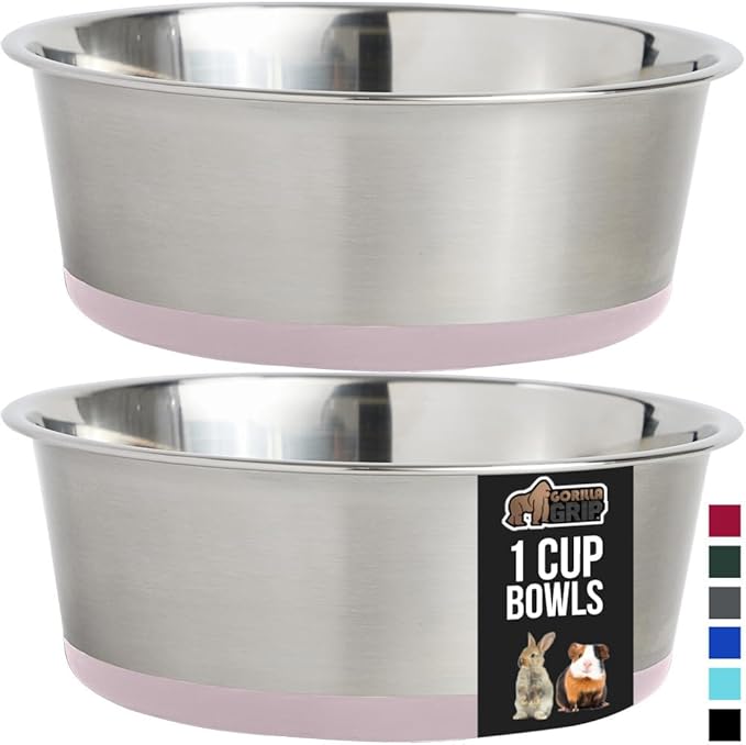 GORILLA GRIP Set of 2 Dog Bowls, Heavy Duty Metal Food and Water Bowl for Feeding Dogs and Cats, Dishwasher Safe, Rust Resistant Stainless Steel, BPA Free Rubber Base, Holds 1 Cup (8 fl oz), Lt Pink