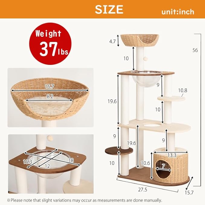Modern Cat Tree for Large Cat, 56-Inch Tall Cat Tower with Scratching Post for Indoor Cats, Multi-Level Cat Condo with Hand-Woven Cat Bed and Acrylic Bowl Easy to Clean (Mixcolor 142cm)