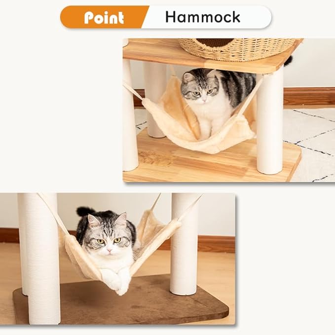 Wood Cat Tree for Large Cat, 57-Inch Tall Cat Tower with Scratching Post for Indoor Cats, Multi-Level Cat Condo with Hand-Woven Cat Bed and Hammock Acrylic Bowl Easy to Clean (DC888)