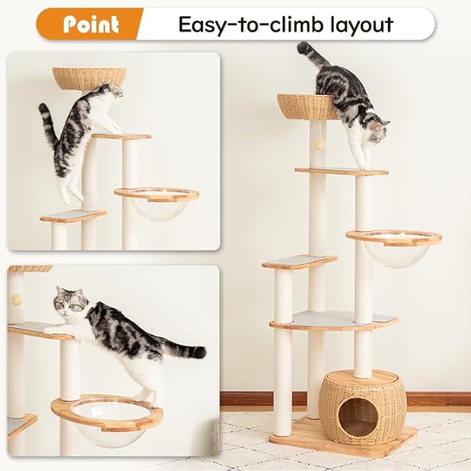 Wood Cat Tree for Large Cat, 63-Inch Tall Cat Tower with Scratching Post for Indoor Cats, Multi-Level Cat Condo with Hand-Woven Cat Bed and Acrylic Bowl Easy to Clean (White 81007s)