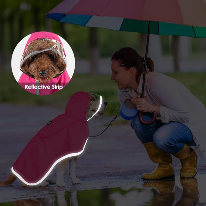 SlowTon Dog Raincoat, Adjustable Dog Rain Jacket Clear Hooded Double Layer, Waterproof Poncho with Reflective Strip Straps and Storage Pocket for Small Medium Large Dogs Puppies(FU XXL)