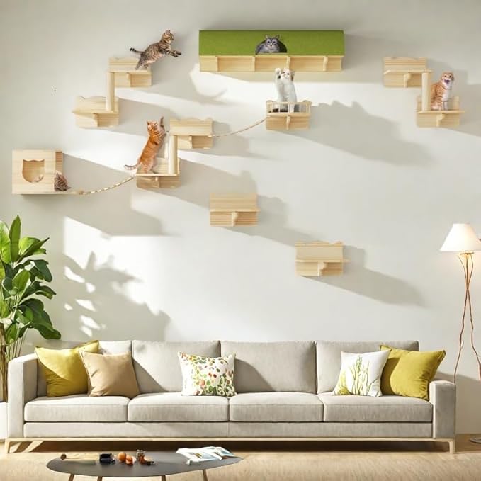 Wooden Cat Wall Shelves, Cat Wall Furniture Solid Wood Feline Shelf, 16 Piece Feline Shelves and Perches with Condos, House, Steps, Bridge Ladder, Scratching Post and Tunnel