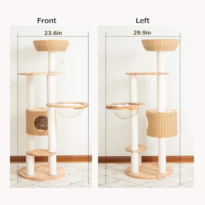 Wood Cat Tree for Large Cat, 57-Inch Tall Cat Tower with Scratching Post for Indoor Cats, Multi-Level Cat Condo with Hand-Woven Cat Bed and Acrylic Bowl Easy to Clean (Cream Y909S)