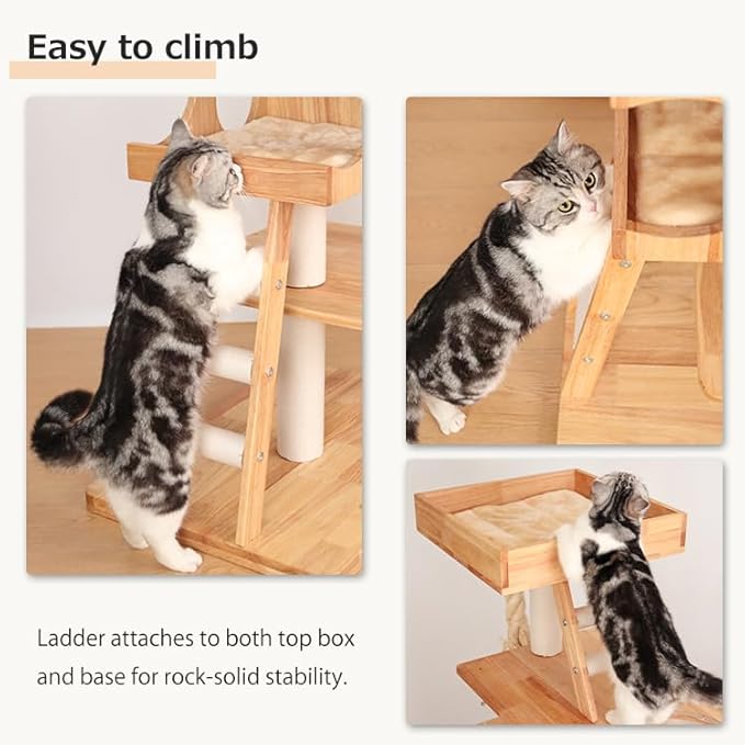 Wood Cat Tree for Large Cats, 62-Inch Tall Modern Cat Tower with Condo & Scratching Posts - Easy to Clean, Heavy-Duty, Furniture-Grade Design for Stable Climbing, Eco-Friendly (White 62'')