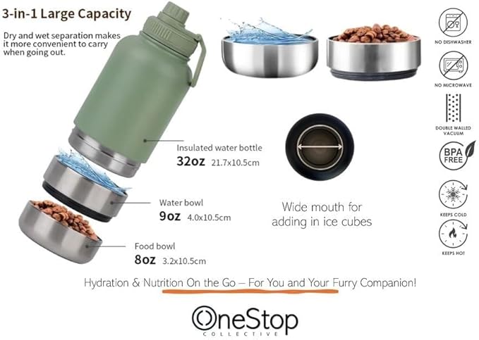 OSC Insulated Water Bottle with Detachable Travel Bowls for Pets & Humans - Leak-Proof 32oz Water Bottle for Dog Walking, Hiking, Camping, Gym & Outdoor Adventures (Moss, 32oz)