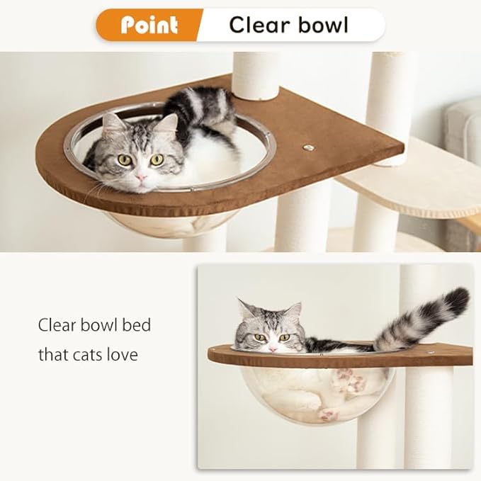 Modern Cat Tree for Large Cat, 60-Inch Tall Cat Tower with Scratching Post for Indoor Cats, Multi-Level Cat Condo with Hand-Woven Cat Bed and Acrylic Bowl (Brown-Particle Board)