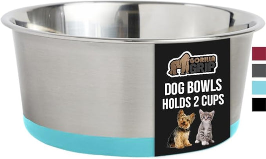 GORILLA GRIP Stainless Steel Metal Dog Bowl, Rubber Base, Heavy Duty Feeding Dish, Food Grade BPA Free, Less Sliding on Floors, Quiet Pet Bowl for Cats and Dogs, Holds 2 Cups (16 fl oz), Turquoise