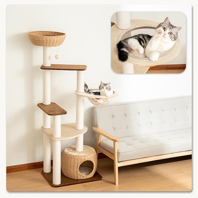 Modern Cat Tree for Large Cat, 57-Inch Tall Cat Tower with Scratching Post for Indoor Cats, Multi-Level Cat Condo with Hand-Woven Cat Bed and Acrylic Bowl (White 81007DD)
