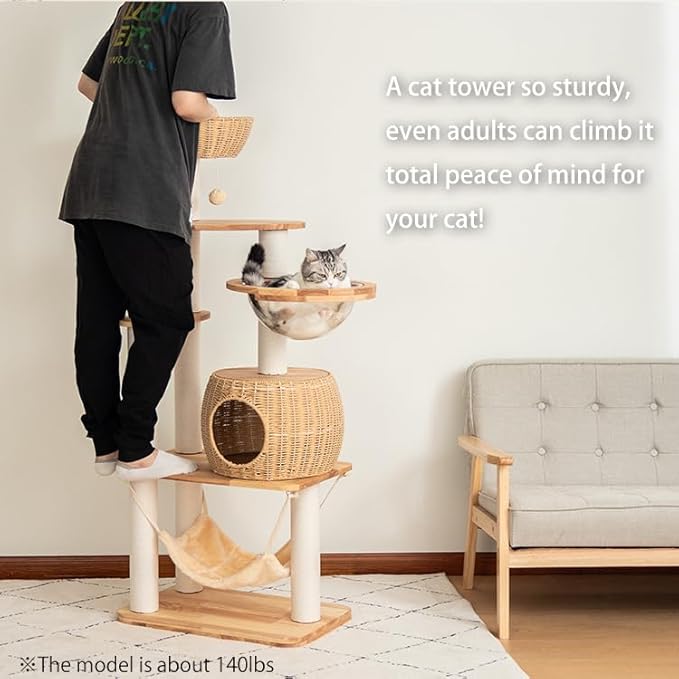 Wood Cat Tree for Large Cat, 57-Inch Tall Cat Tower with Scratching Post for Indoor Cats, Multi-Level Cat Condo with Hand-Woven Cat Bed and Hammock Acrylic Bowl Easy to Clean (DC888)