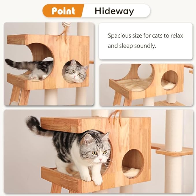 Wood Cat Tree for Large Cats, 62-Inch Tall Modern Cat Tower with Condo & Scratching Posts - Easy to Clean, Heavy-Duty, Furniture-Grade Design for Stable Climbing, Eco-Friendly (White 62'')