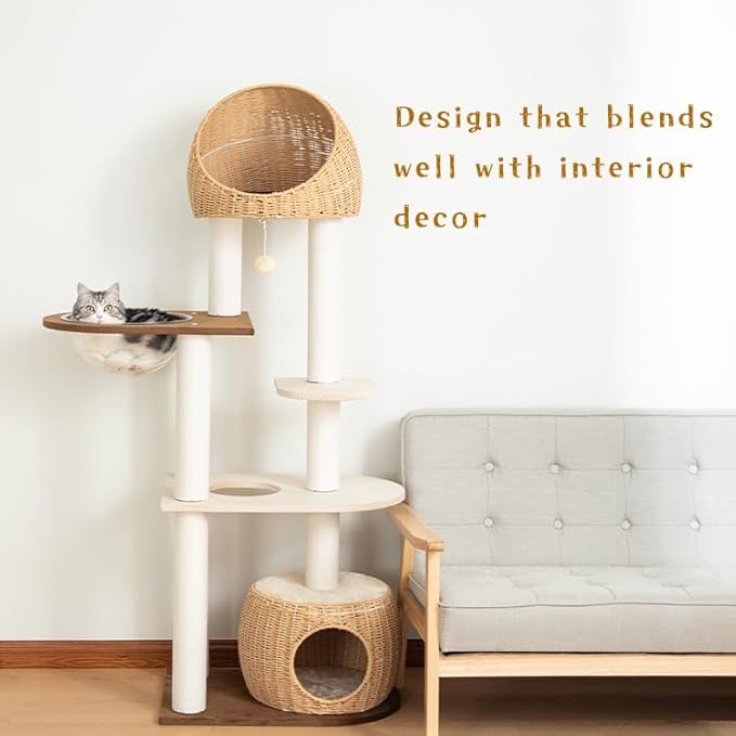 Modern Cat Tree for Large Cat, 60-Inch Tall Cat Tower with Scratching Post for Indoor Cats, Multi-Level Cat Condo with Hand-Woven Cat Bed and Acrylic Bowl (Brown-Particle Board)
