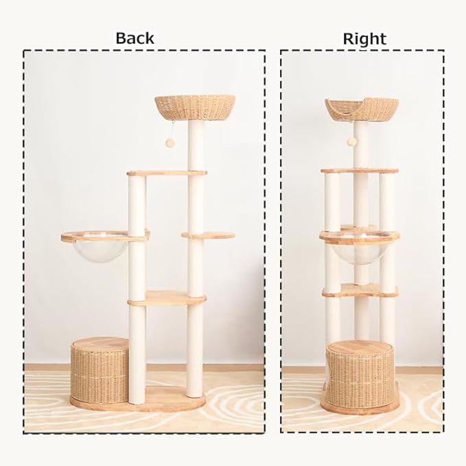 Wood Cat Tree for Large Cat, 63-Inch Tall Cat Tower with Scratching Post for Indoor Cats, Multi-Level Cat Condo with Hand-Woven Cat Bed and Acrylic Bowl Easy to Clean (White-63'')