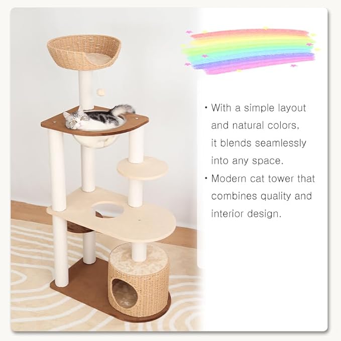 Modern Cat Tree for Large Cat, 56-Inch Tall Cat Tower with Scratching Post for Indoor Cats, Multi-Level Cat Condo with Hand-Woven Cat Bed and Acrylic Bowl Easy to Clean (Mixcolor 142cm)